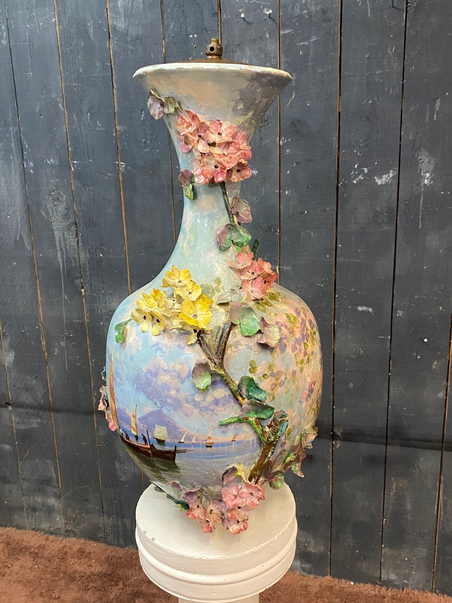 Large Vase Mounted As A Lamp In Polychrome Barbotine Cold Decorated Called "impressionist" End Of The 19th Century-photo-2