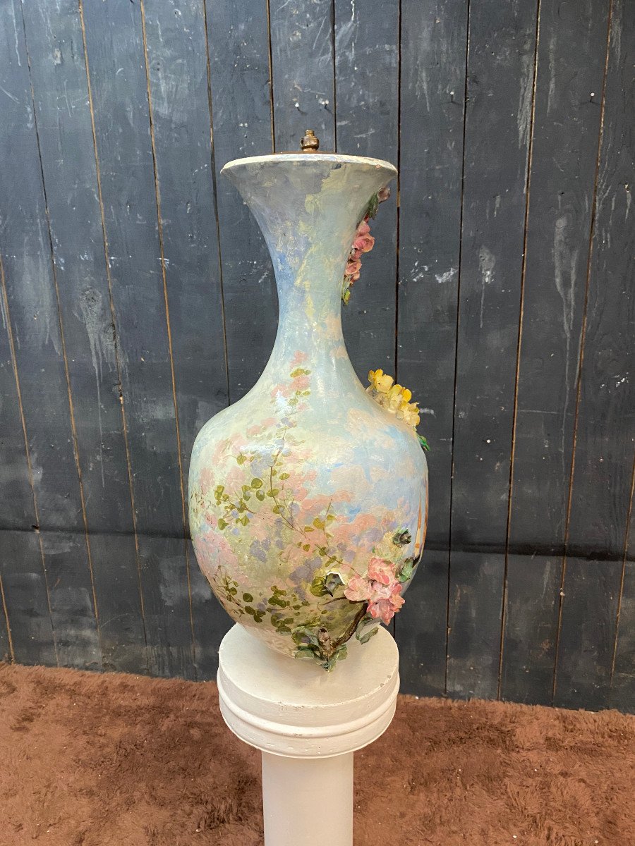 Large Vase Mounted As A Lamp In Polychrome Barbotine Cold Decorated Called "impressionist" End Of The 19th Century-photo-5