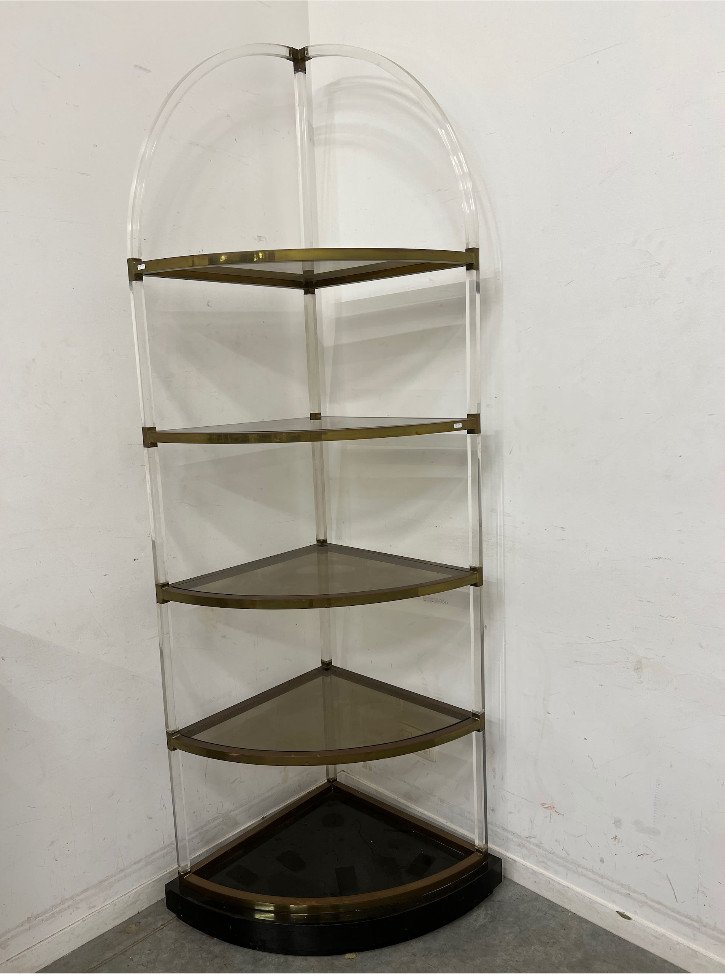 Large Corner Shelf In Altuglass, Brass And Glass Attributed To Maison Roméo Paris Circa 1970