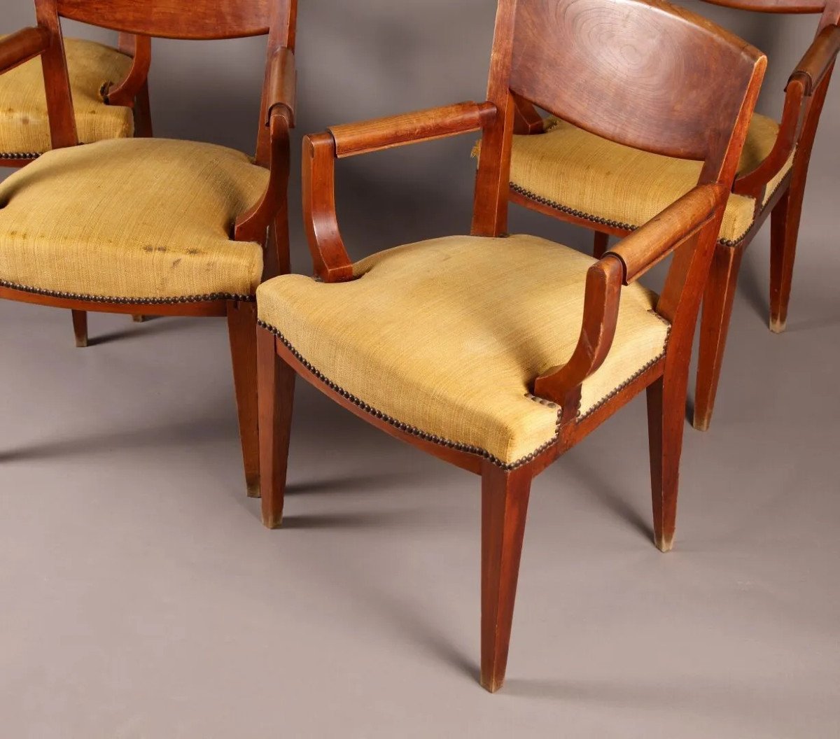 Eugène Printz, Set Of 4 Art Deco Bridges Armchairs In Cherrywood Circa 1940-photo-2