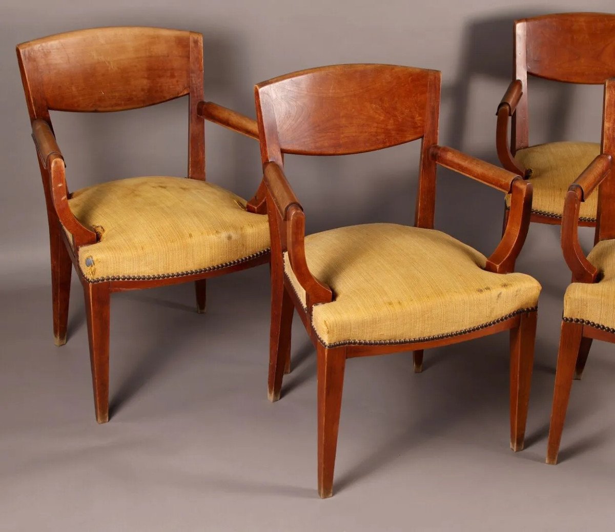 Eugène Printz, Set Of 4 Art Deco Bridges Armchairs In Cherrywood Circa 1940-photo-3