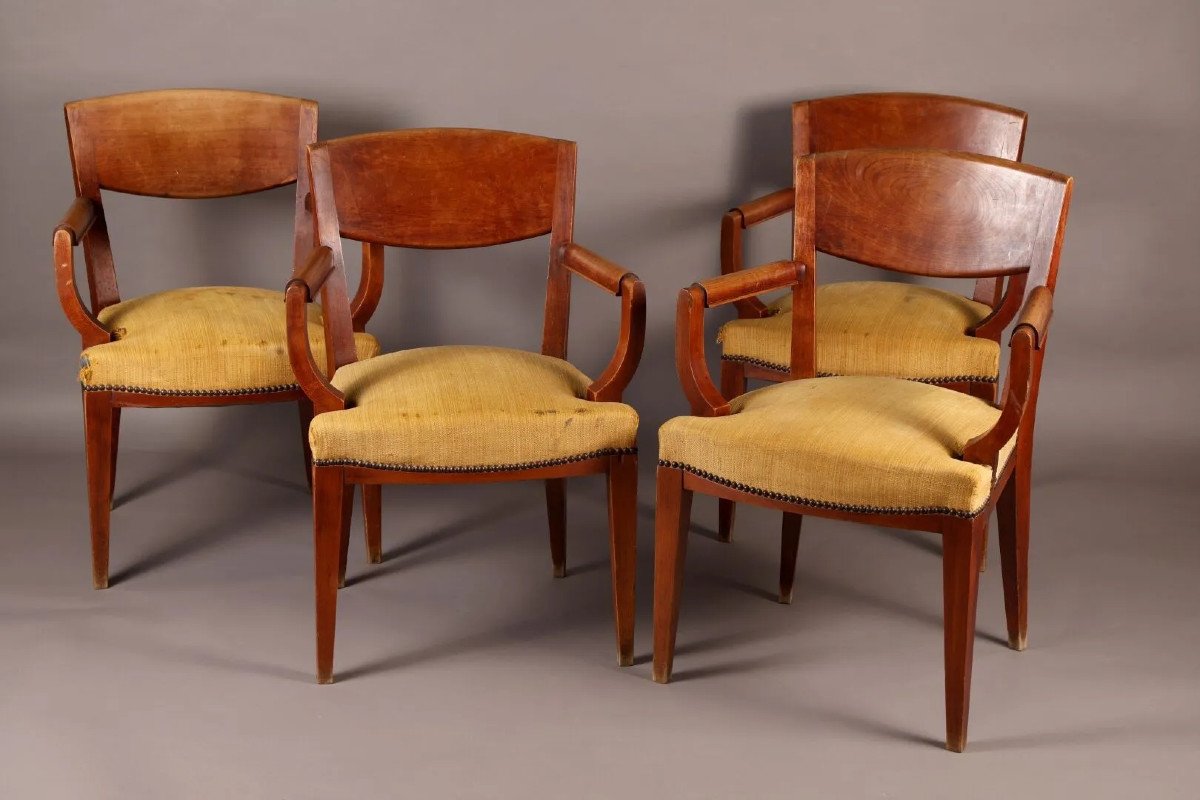 Eugène Printz, Set Of 4 Art Deco Bridges Armchairs In Cherrywood Circa 1940-photo-4