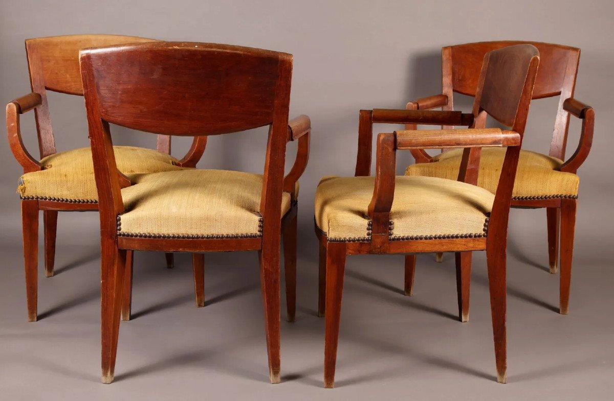 Eugène Printz, Set Of 4 Art Deco Bridges Armchairs In Cherrywood Circa 1940-photo-2