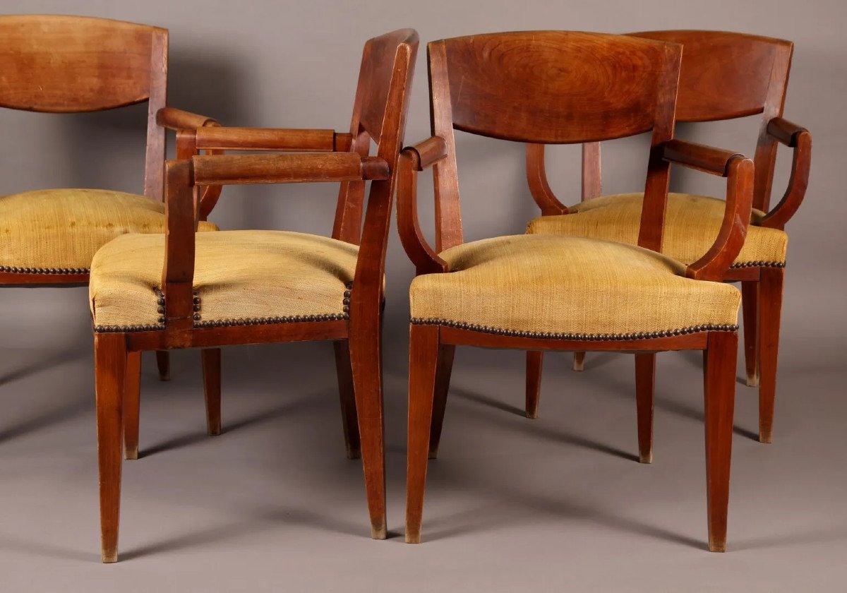 Eugène Printz, Set Of 4 Art Deco Bridges Armchairs In Cherrywood Circa 1940-photo-4