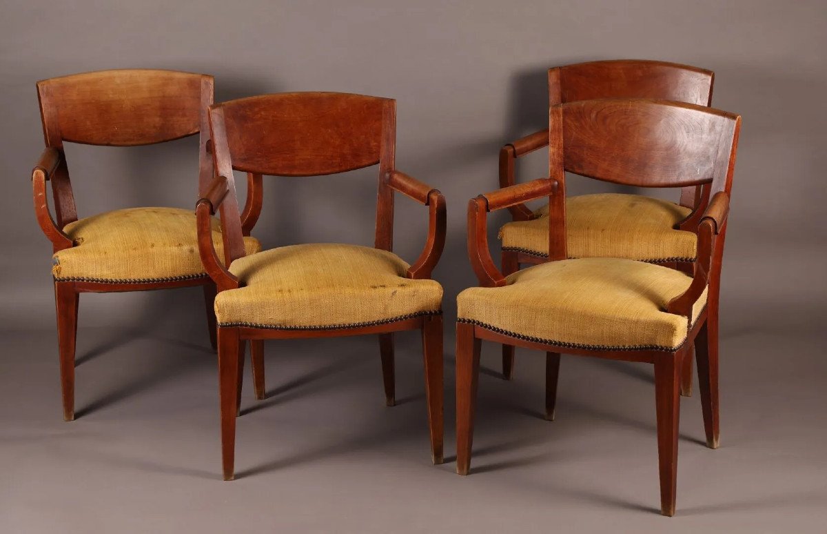 Eugène Printz, Set Of 4 Art Deco Bridges Armchairs In Cherrywood Circa 1940-photo-7