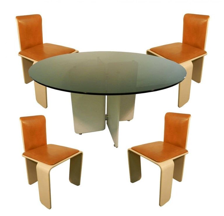 Table And 4 Chairs In White Lacquered Wood, Chrome And Tinted Glass Circa 1960