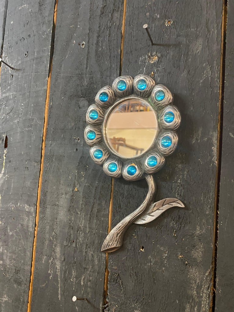 2 Small Mirrors In Cast Aluminum And Blue Stones Circa 1970-photo-2