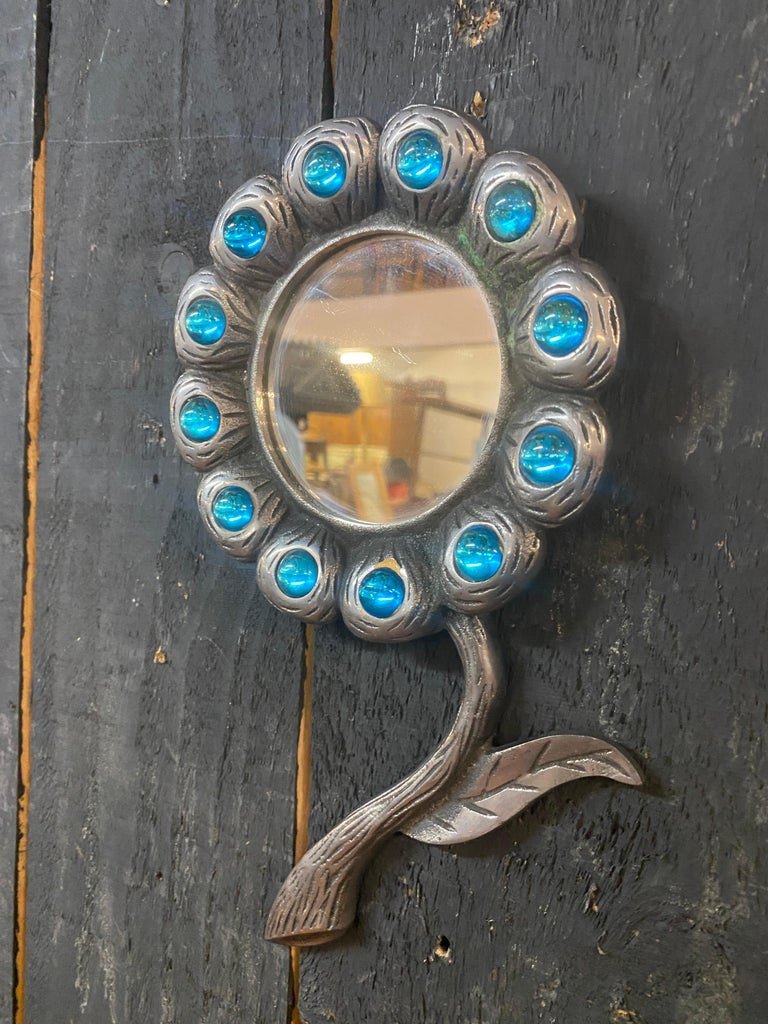 2 Small Mirrors In Cast Aluminum And Blue Stones Circa 1970-photo-3