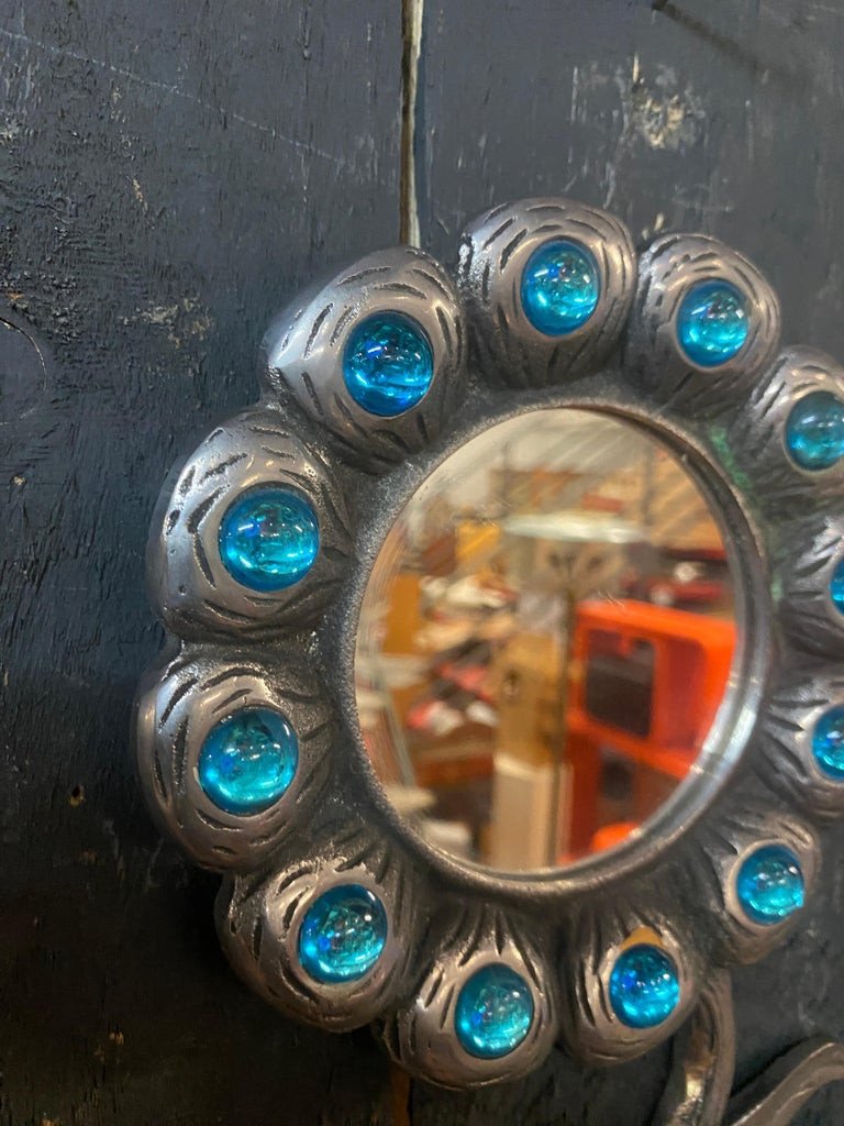 2 Small Mirrors In Cast Aluminum And Blue Stones Circa 1970-photo-4