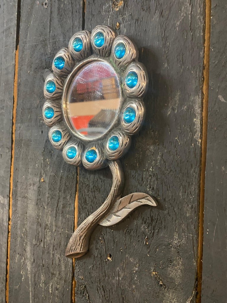 2 Small Mirrors In Cast Aluminum And Blue Stones Circa 1970-photo-3