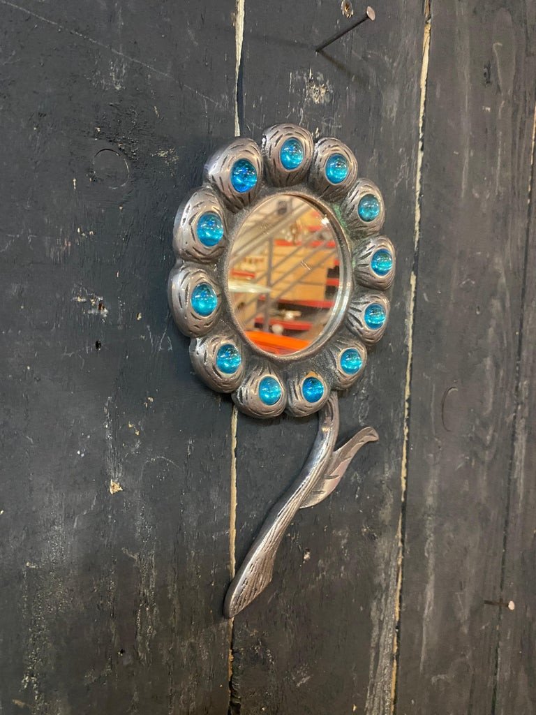 2 Small Mirrors In Cast Aluminum And Blue Stones Circa 1970-photo-4