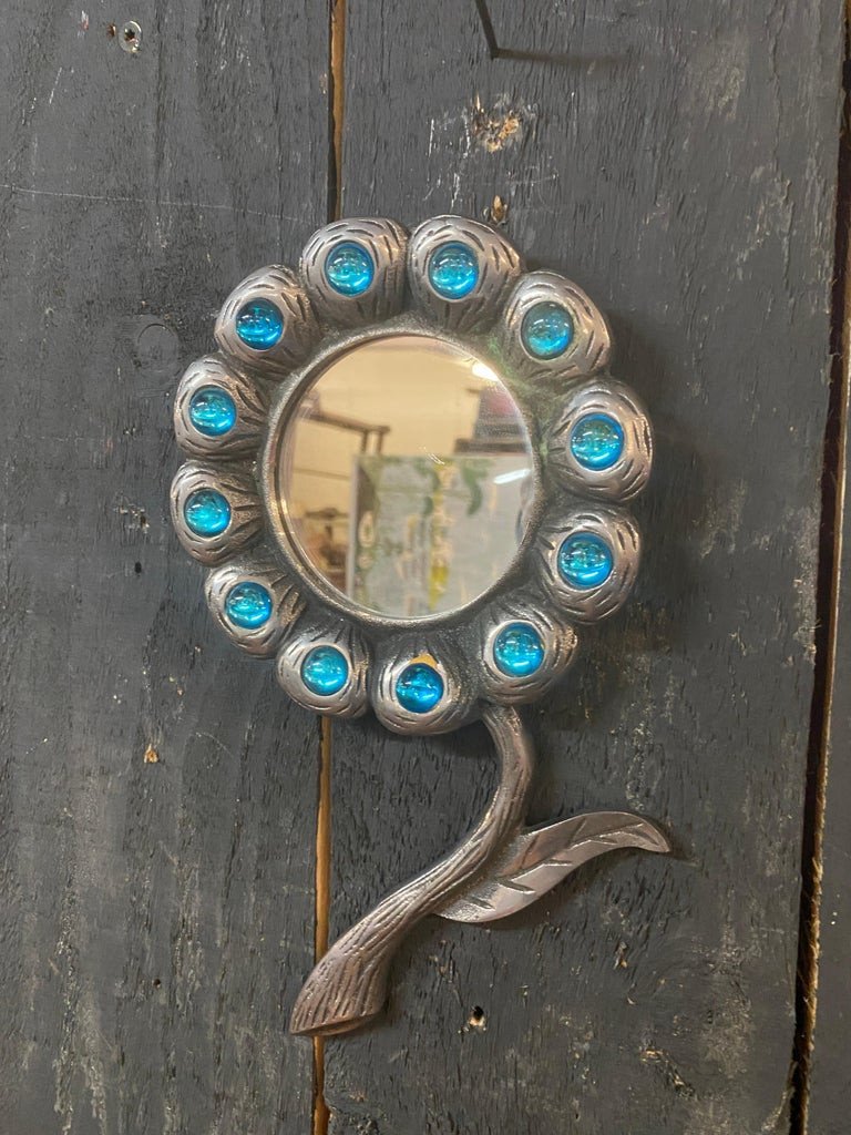 2 Small Mirrors In Cast Aluminum And Blue Stones Circa 1970-photo-5