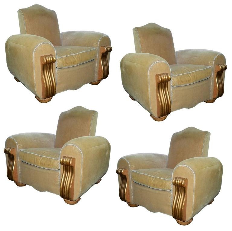 Set Of 4 Large Art Deco Armchairs, 1940 In Velvet And Gilded Wood