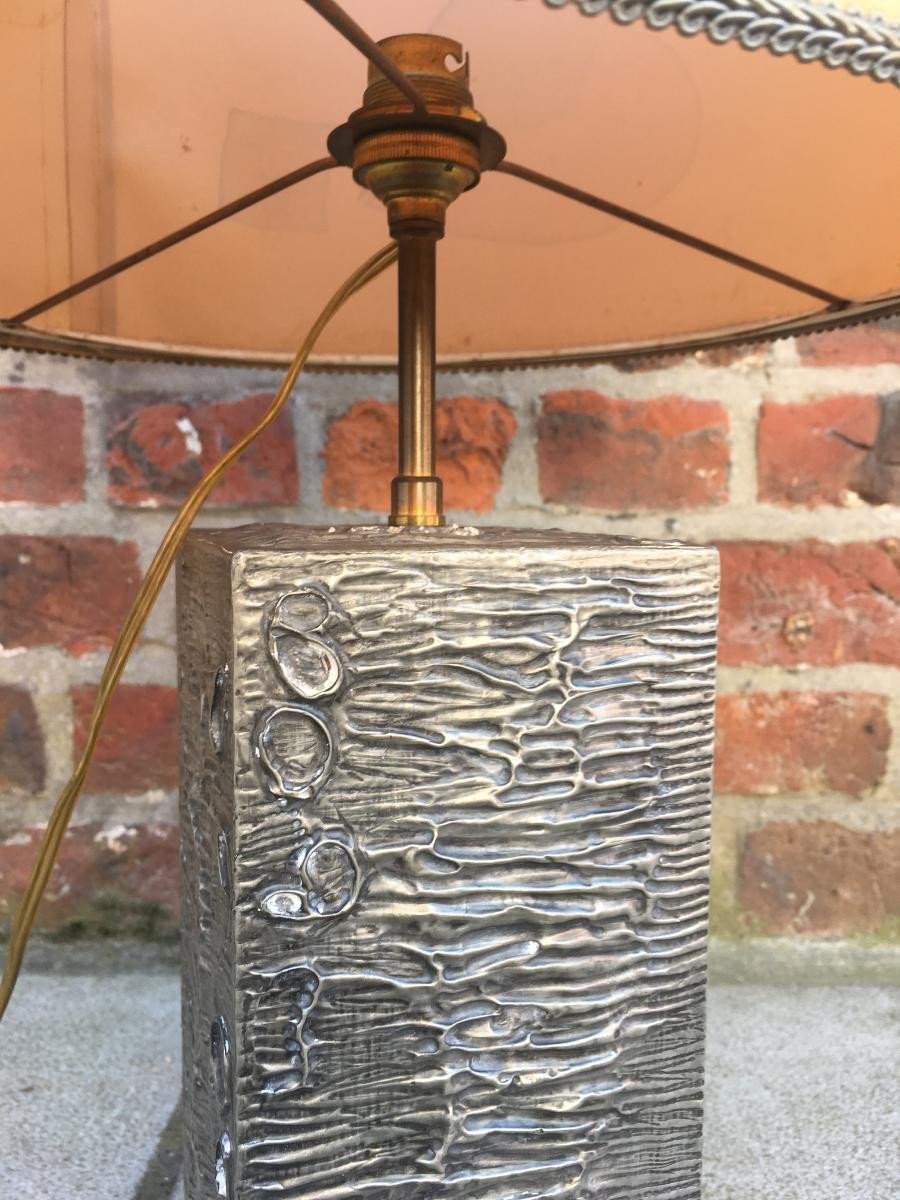 Vintage Lamp, Carved Pewter Base, Circa 1970 Signature To Decipher -photo-2