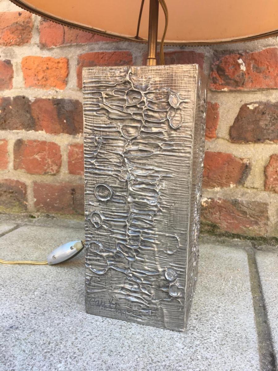 Vintage Lamp, Carved Pewter Base, Circa 1970 Signature To Decipher 