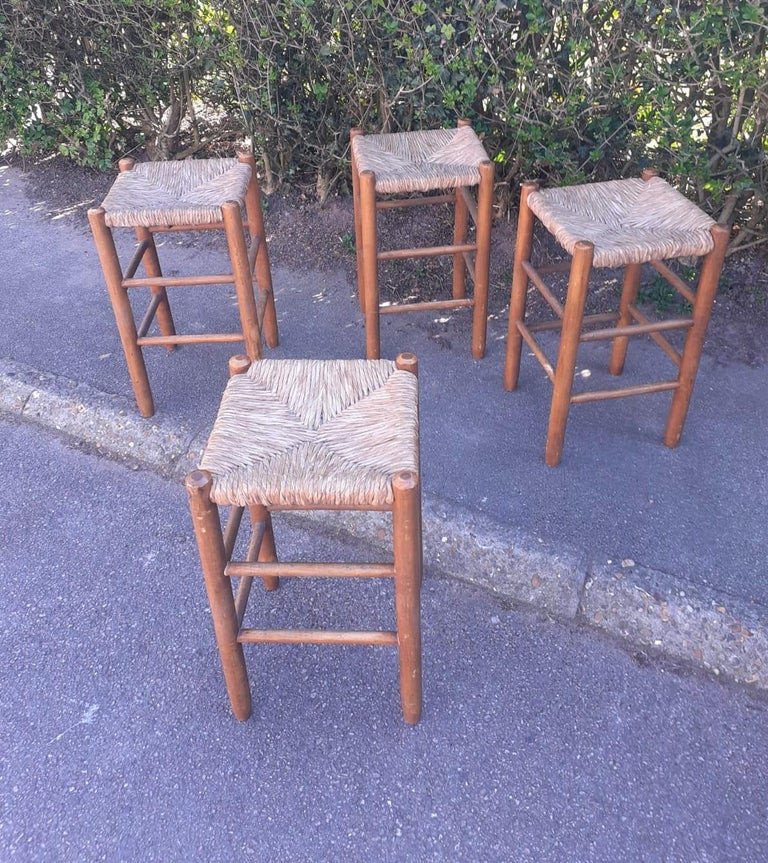 4 Tabourets Paille Et Bois Circa 1950/1960-photo-3