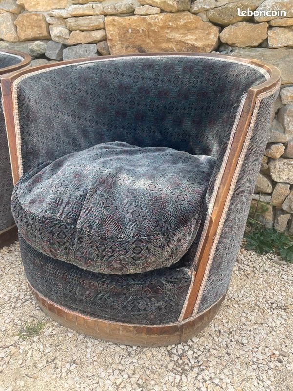 Paire De Fauteuils Art Deco , Forme Corbeille, Plinthe Ronde, Circa 1930-photo-8