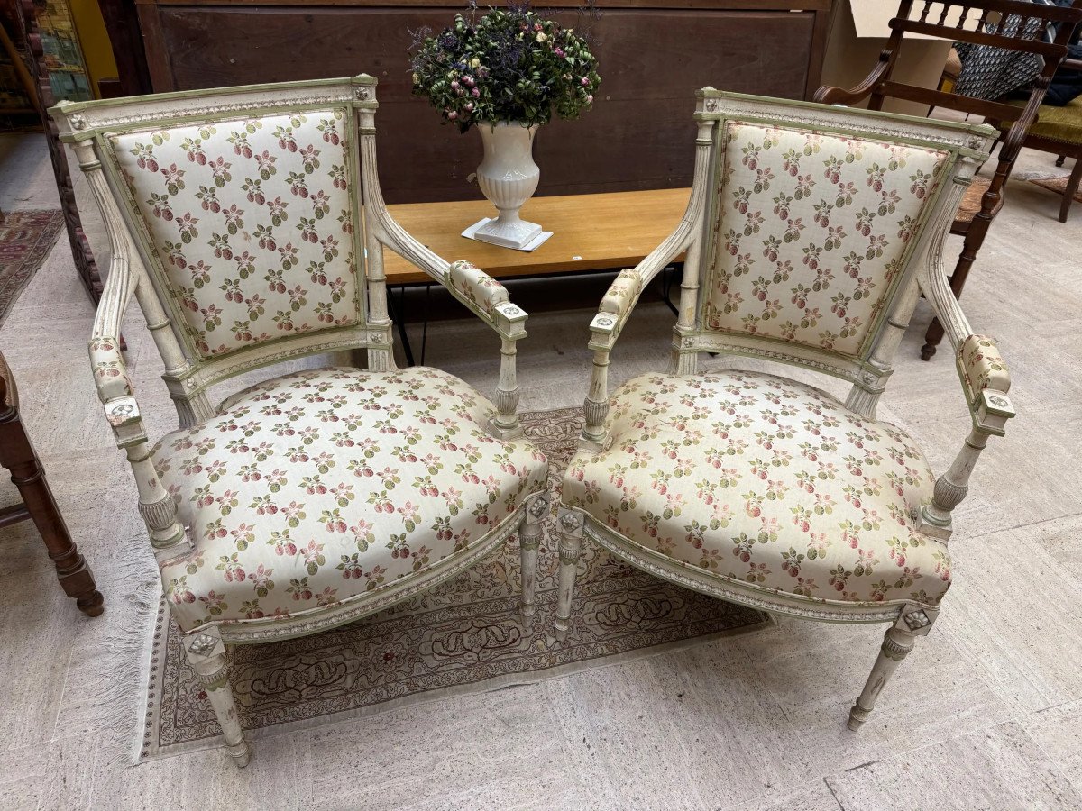 Pair Of Elegant Louis XVI Directoire Armchairs In Patinated Wood 