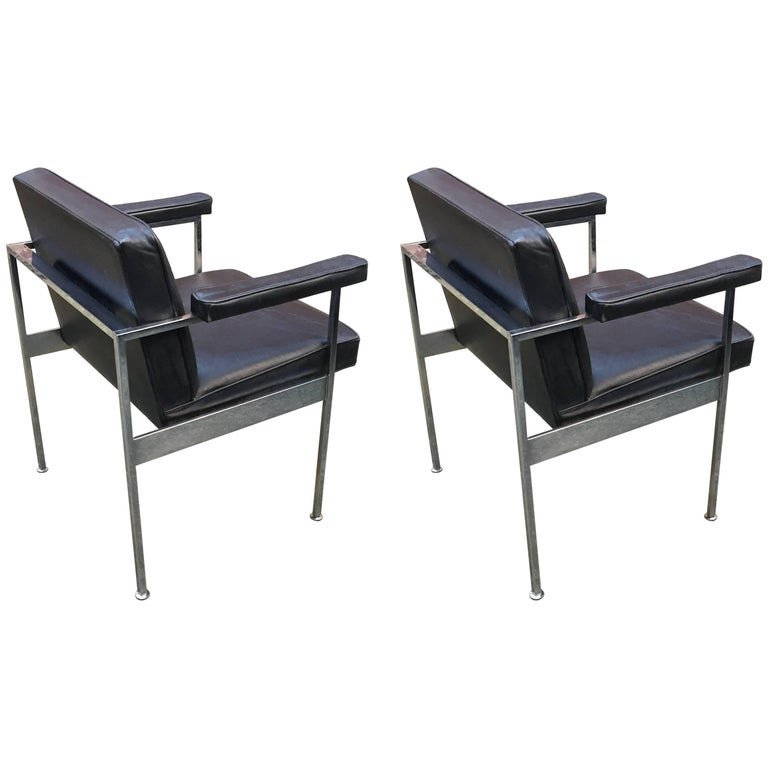 Maurice Rinck, Pair Of Office Armchairs, Leather And Chrome Circa 1960 