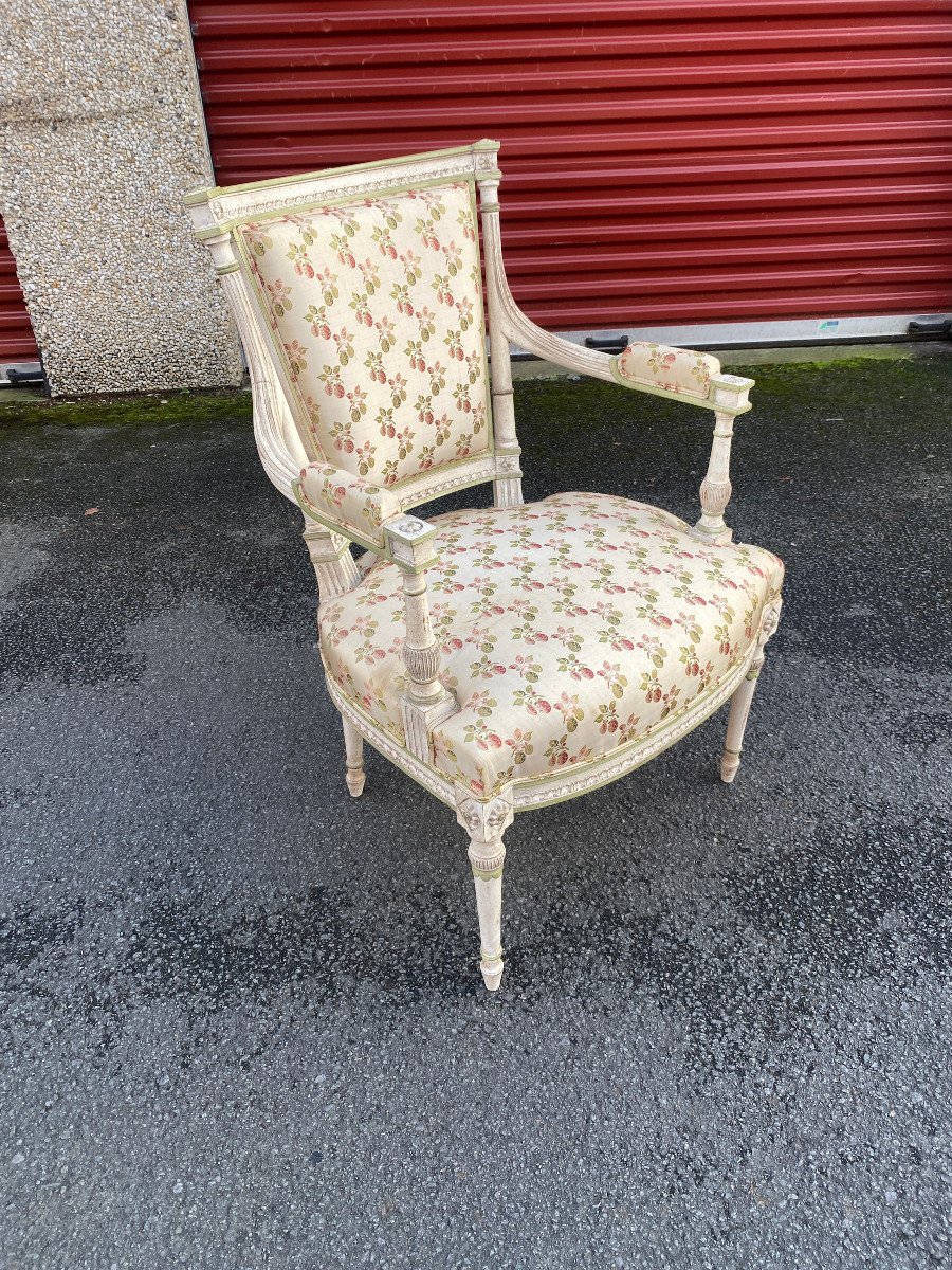 Pair Of Louis XVI Style Armchairs In Rechampi Carved Wood -photo-2