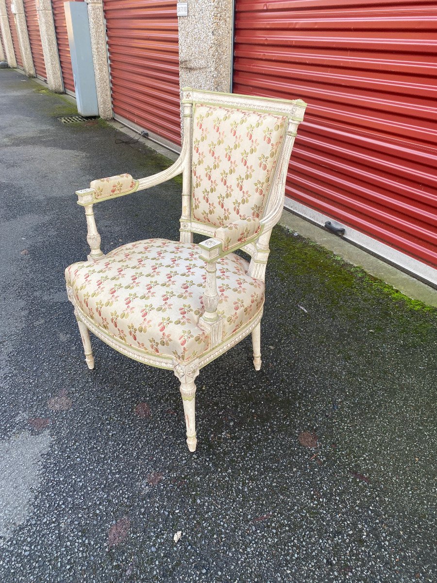 Pair Of Louis XVI Style Armchairs In Rechampi Carved Wood -photo-3