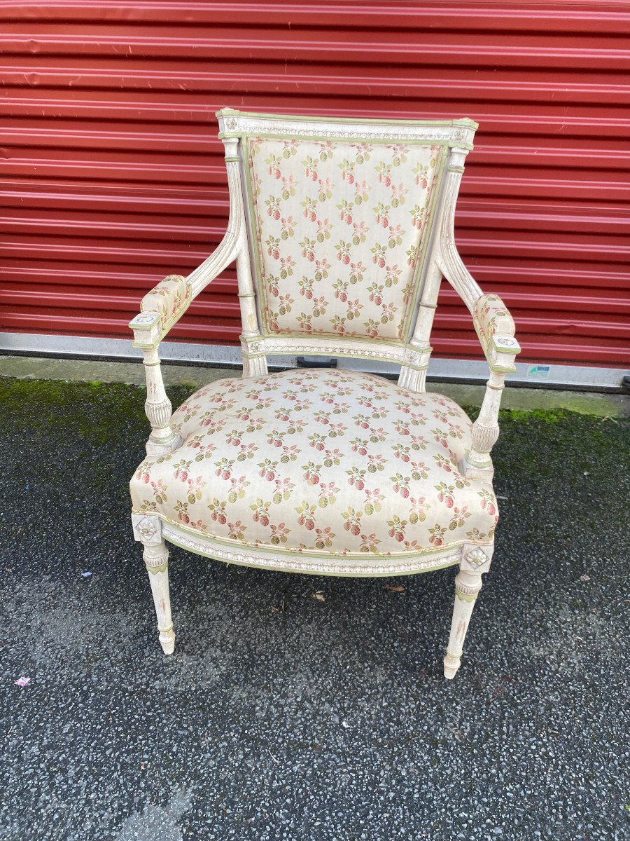 Pair Of Louis XVI Style Armchairs In Rechampi Carved Wood -photo-4