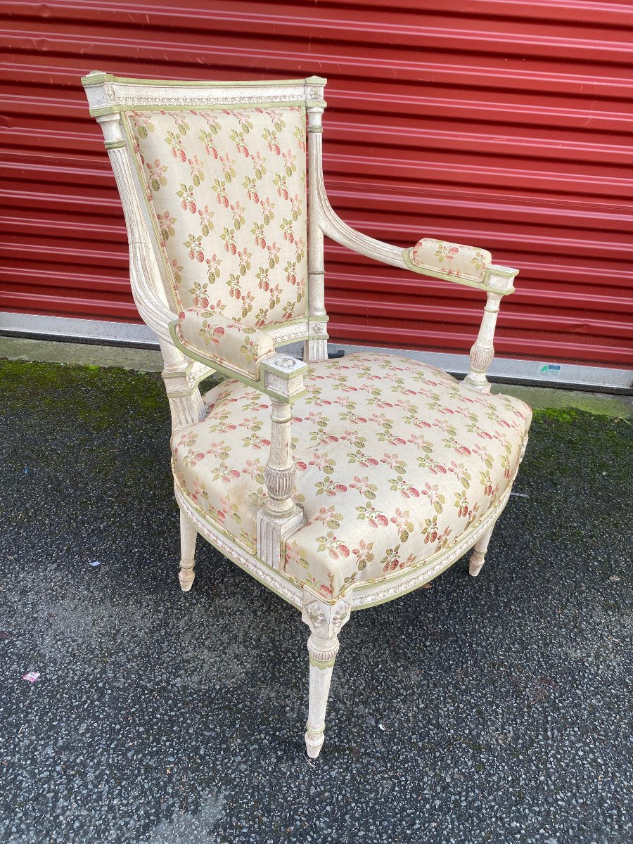 Pair Of Louis XVI Style Armchairs In Rechampi Carved Wood -photo-2