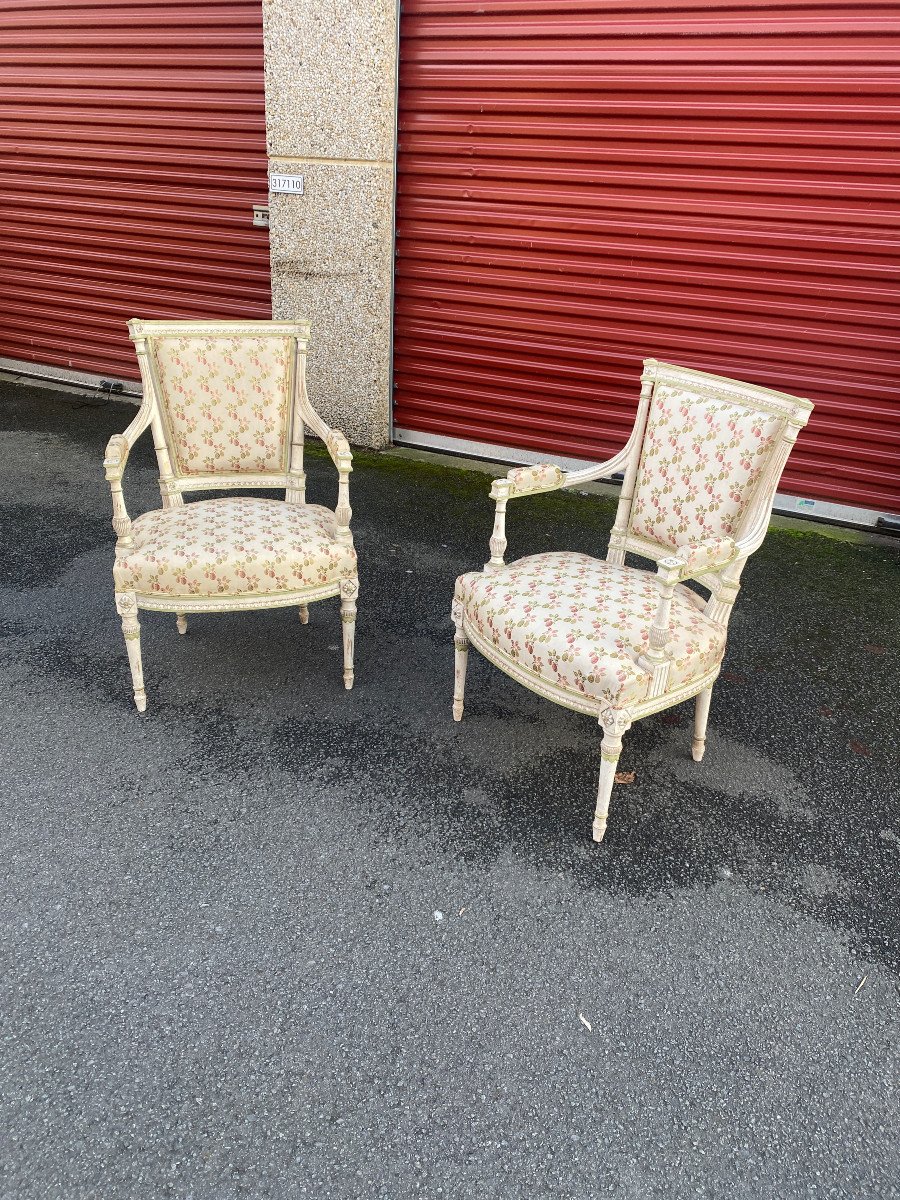 Pair Of Louis XVI Style Armchairs In Rechampi Carved Wood -photo-3