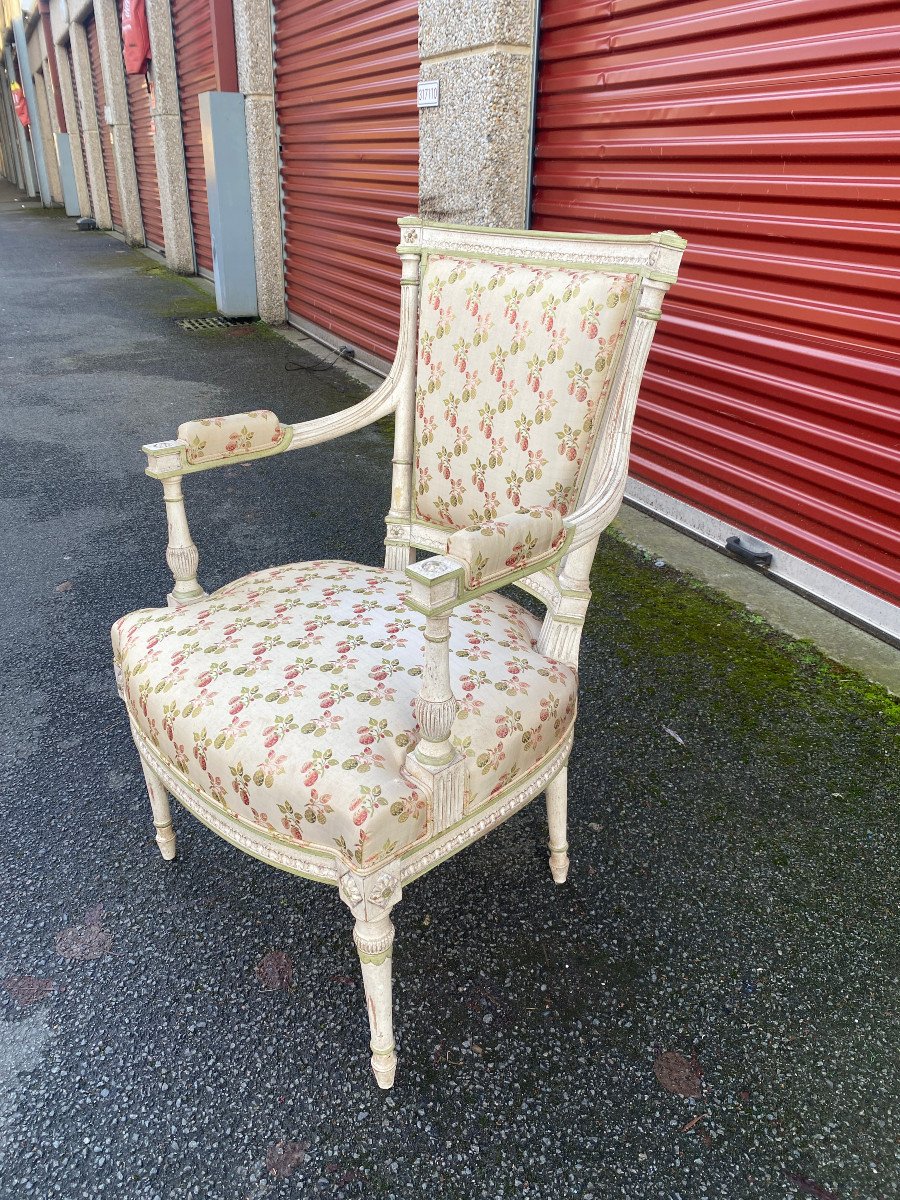 Pair Of Louis XVI Style Armchairs In Rechampi Carved Wood -photo-4