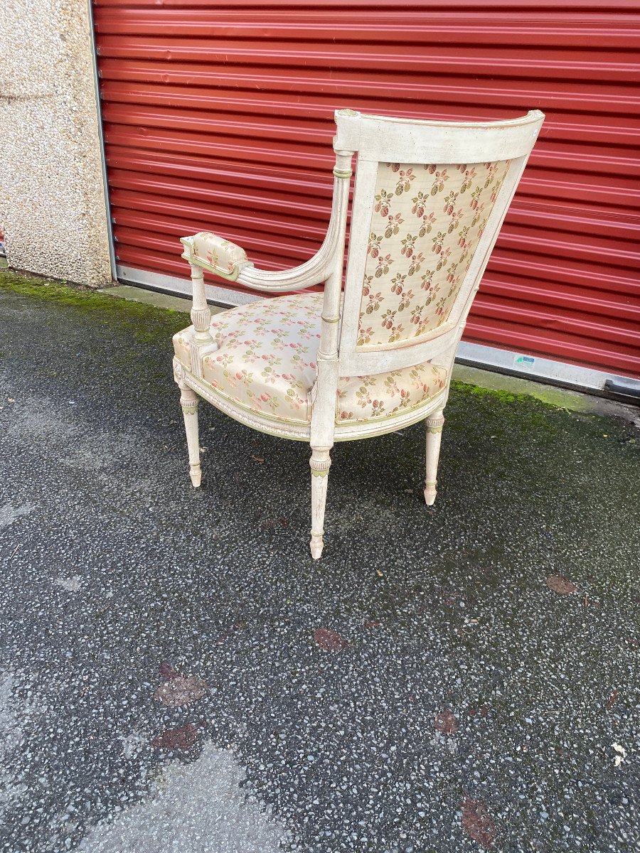 Pair Of Louis XVI Style Armchairs In Rechampi Carved Wood -photo-5