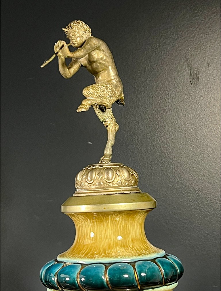 Ancienne Pompe A Bière En Céramique Et Bronze, Décor De Faune , Circa 1900-photo-3