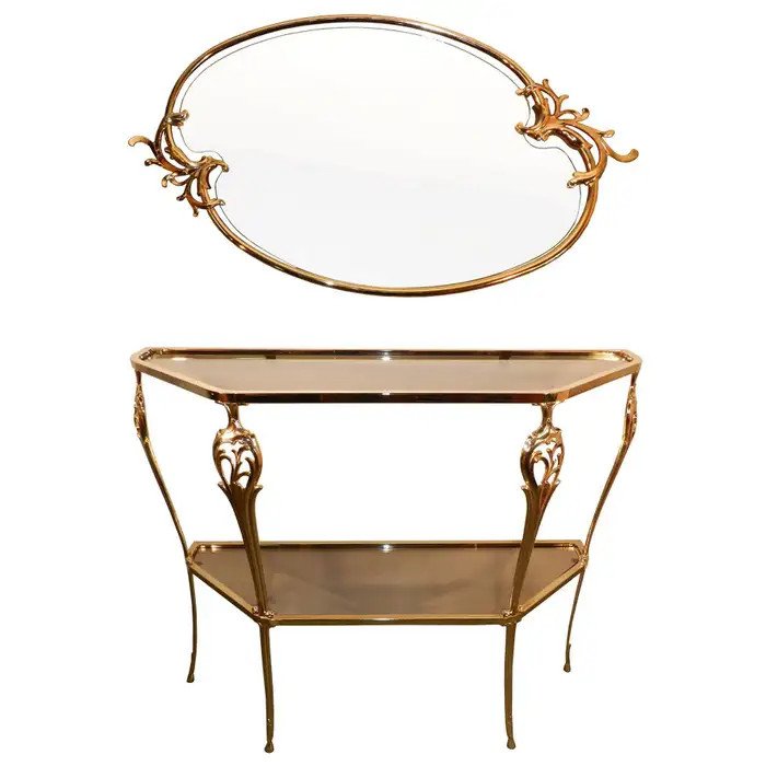 Console And Its Vintage Baroque Mirror, In Gilded Metal, Circa 1970-photo-2