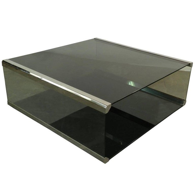 Pierangelo Gallotti, Coffee Table In Chromed Metal And Smoked Glass Circa 1970 