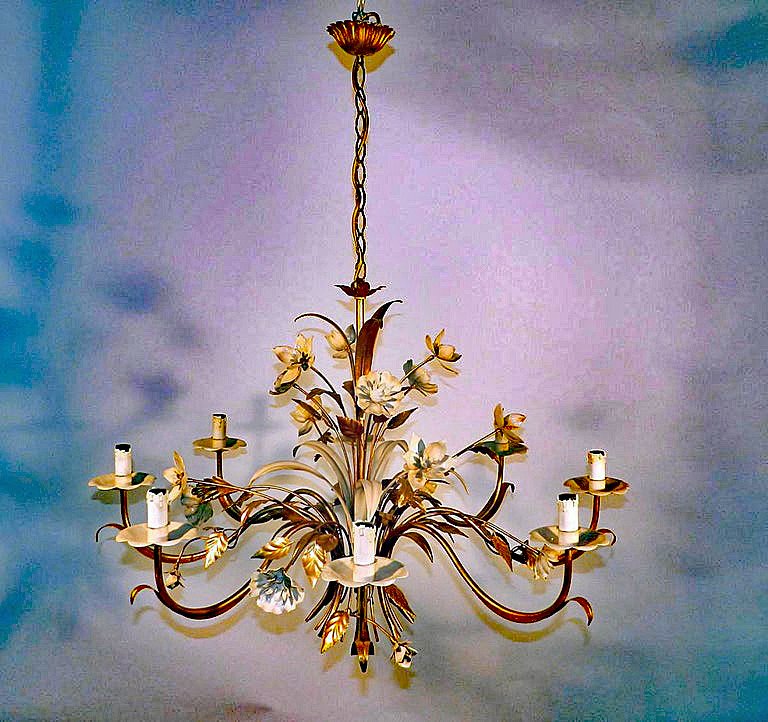 Grand Lustre En Métal Doré Et Métal Laqué Blanc Circa 1950/1970-photo-2