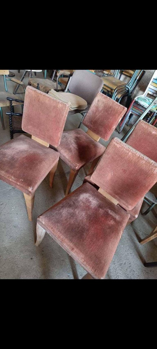 Set Of 4 Art Deco Chairs In Sycamore Veneer Circa 1930/1950-photo-2