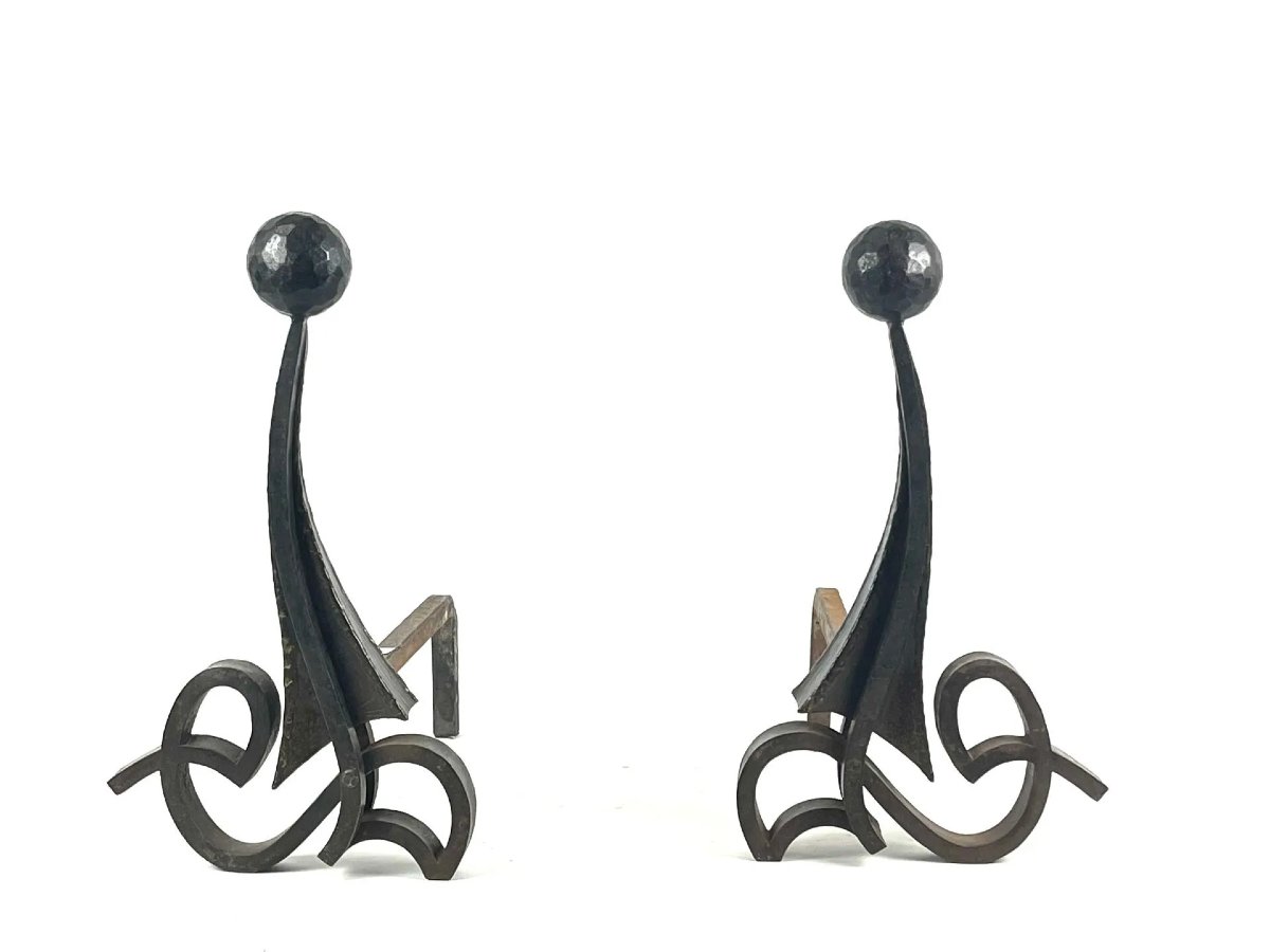 Elegant Pair Of Art Deco Hammered Iron Andirons Circa 1930/1950 -photo-1