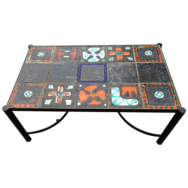 Lacquered And Ceramic Iron Salon Table Attributed To Jacques Adnet Circa 1950