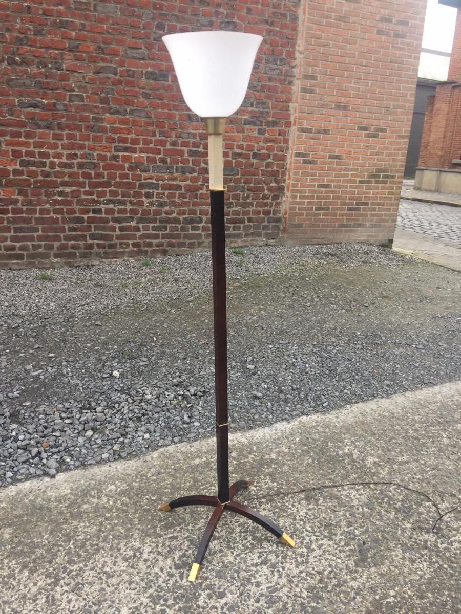 Floor Lamp Art Deco Lacquered Wood, Leather And Brass Attributed To Dominique-photo-4