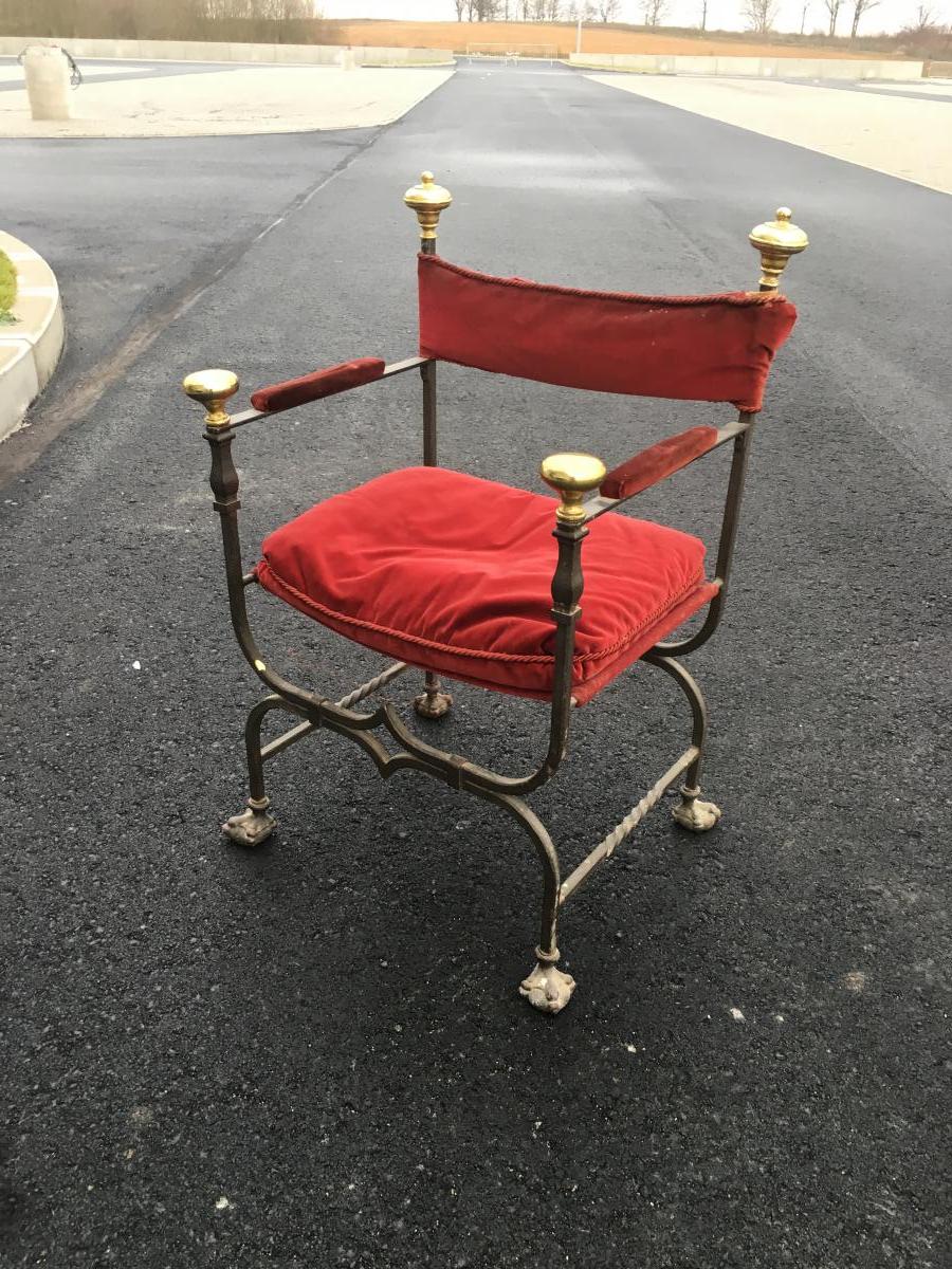 Pair Of Antique Armchairs Curulles Wrought Iron And Brass Circa 1900/1920-photo-2