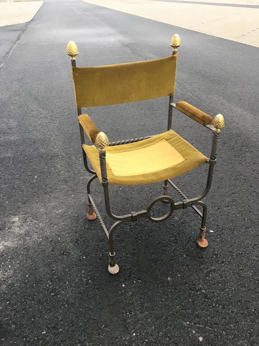 Old Curule Armchair In Wrought Iron And Brass Circa 1900/1920-photo-2