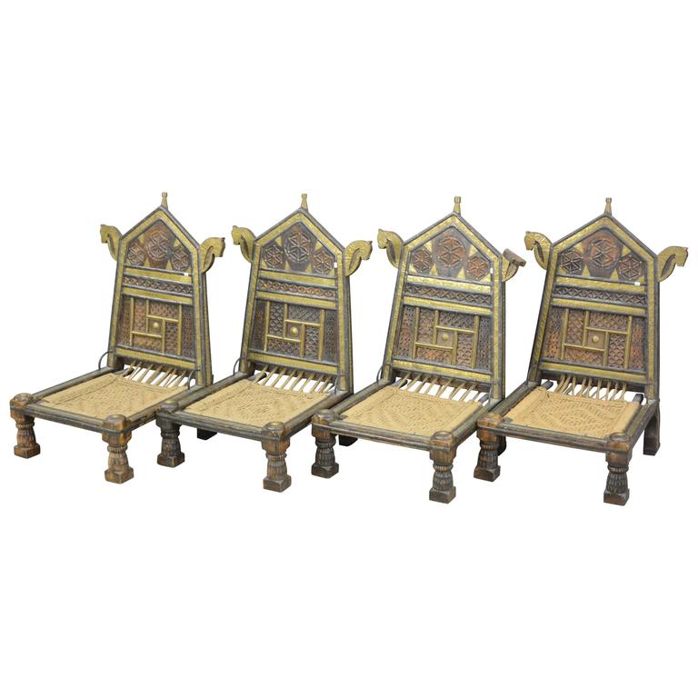 4 Traditional Seats India? Around 1930/1950, Wood, Rope And Brass