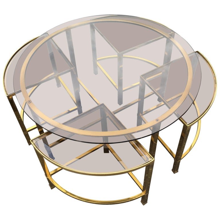 Table Salon And Its 4 Side Shelves In Brass And Smoked Glass, House Style Baguès, 1970