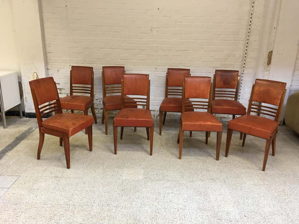 Rare Suite Of 9 Chairs And 2 Art Deco Armchairs In Mahogany And Leather Circa 1940-photo-2