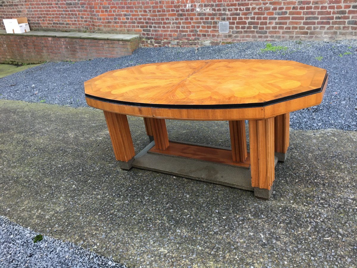 Large Art-deco Dining Table, Marquetry Decor On The Plateau, Around 1925/1930-photo-3