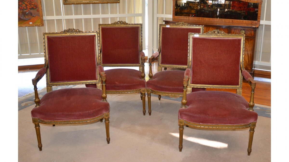 Suite Of 4 Armchairs, Partially Golden, Louis XVI Style, Napoleon III Period