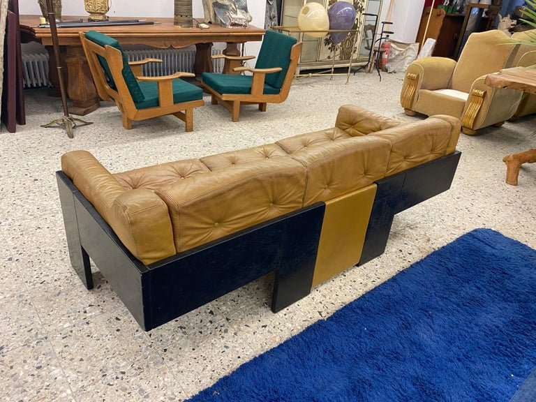 3 Seater Sofa In Lacquered Wood And Leather, Italian Design Circa 1960/1970, Claudio Salocchi Style-photo-3
