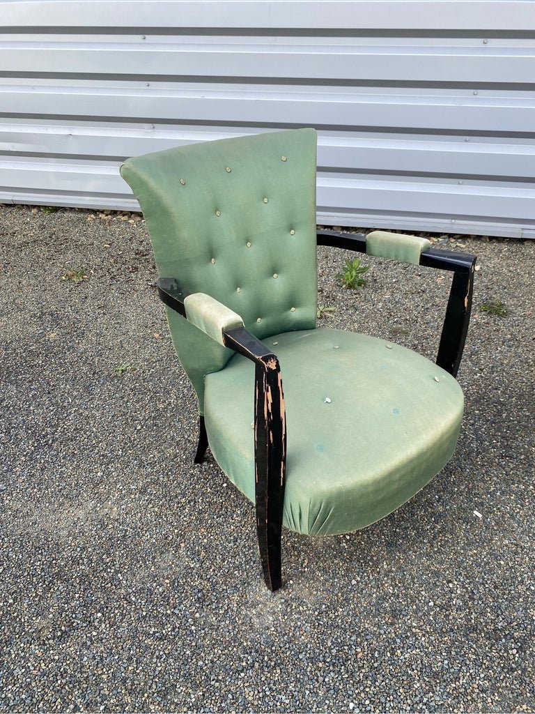 3 Art Deco Low Chairs In Blackened Wood And Satin, Circa 1930/1940-photo-1