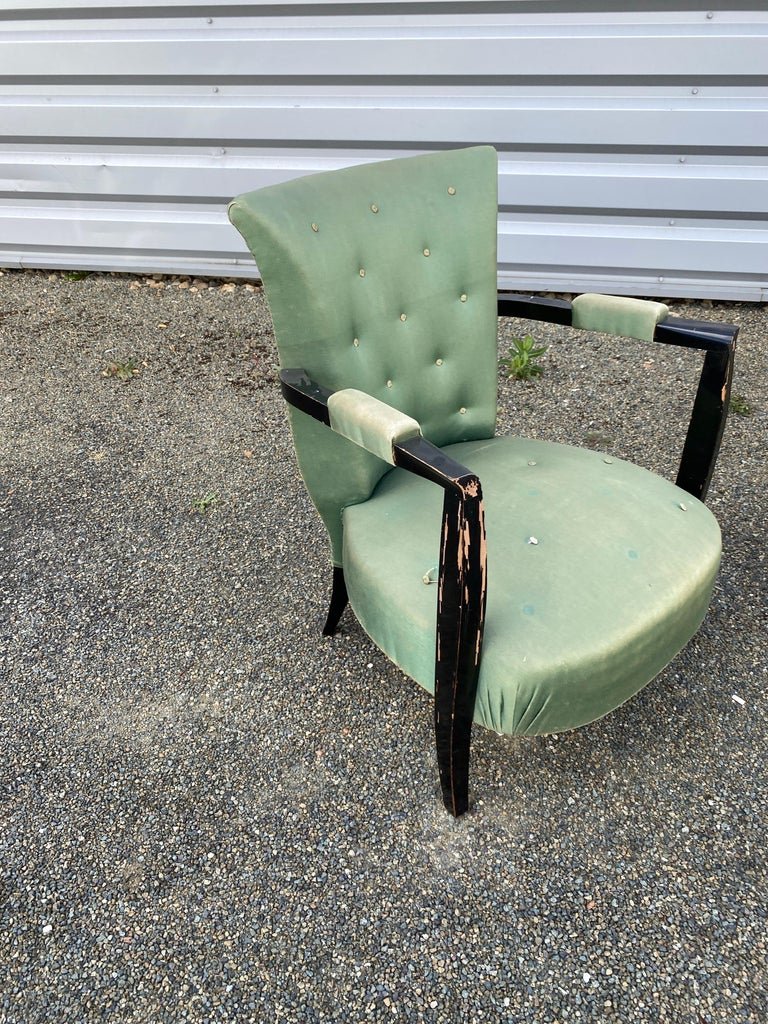 3 Art Deco Low Chairs In Blackened Wood And Satin, Circa 1930/1940-photo-3