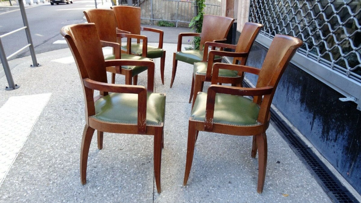 Suite Of 6 Armchairs Bridges Art Deco Period In Mahogany And Elm Burl Circa 1930-photo-2