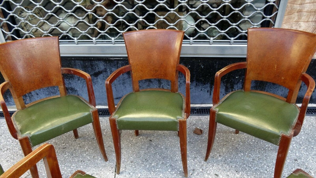 Suite Of 6 Armchairs Bridges Art Deco Period In Mahogany And Elm Burl Circa 1930-photo-3